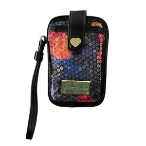 BETSEY JOHNSON Sequined Floral Phone Case ID Holder Wristlet w/ Zip Closu…